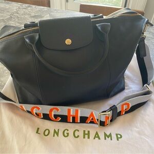 Longchamp Navy Leather Tote with Branded Orange-Accent Strap